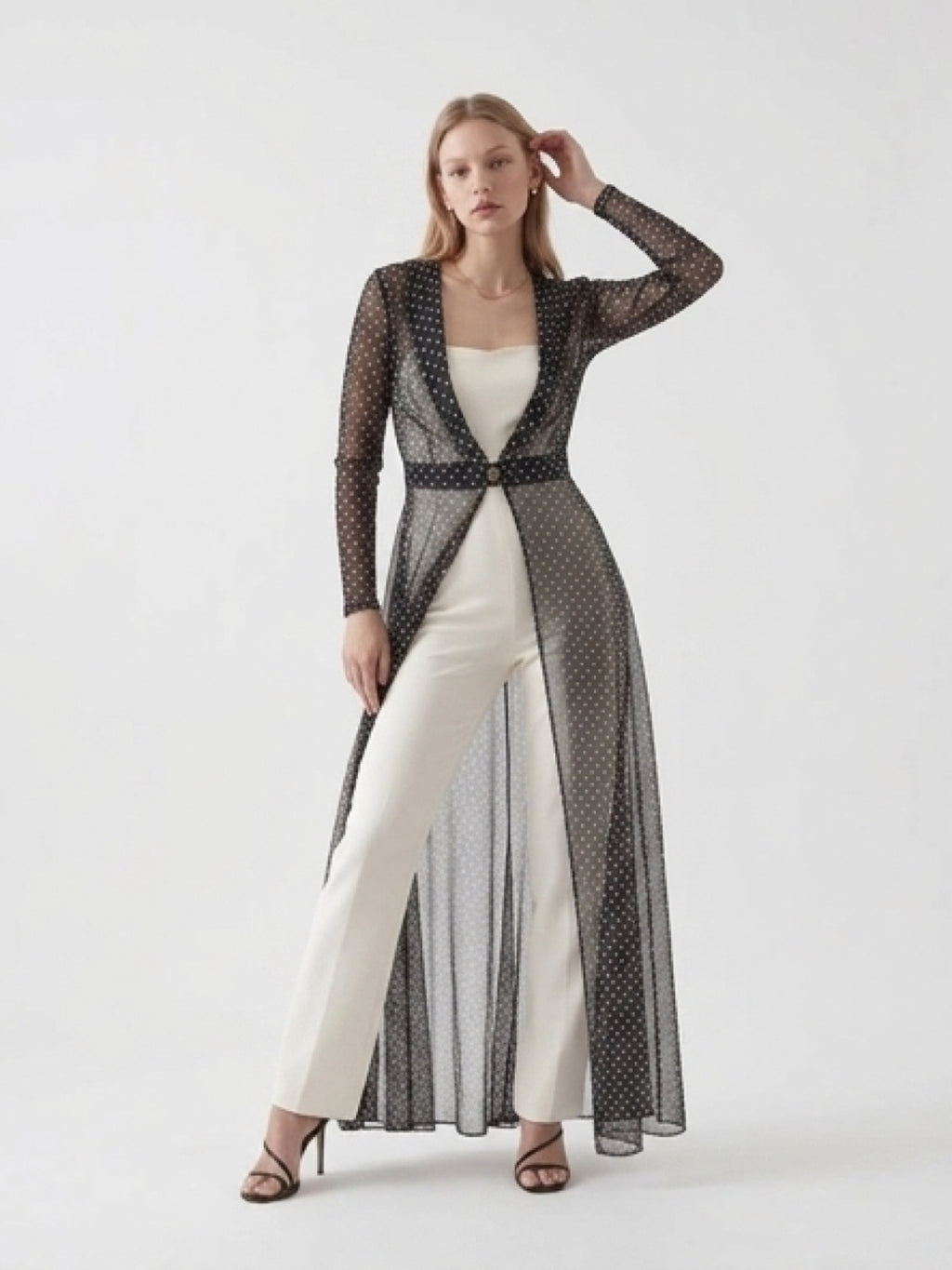 White Jumpsuit with Sheer Polka Dot Long Shirt – 2 Piece Set