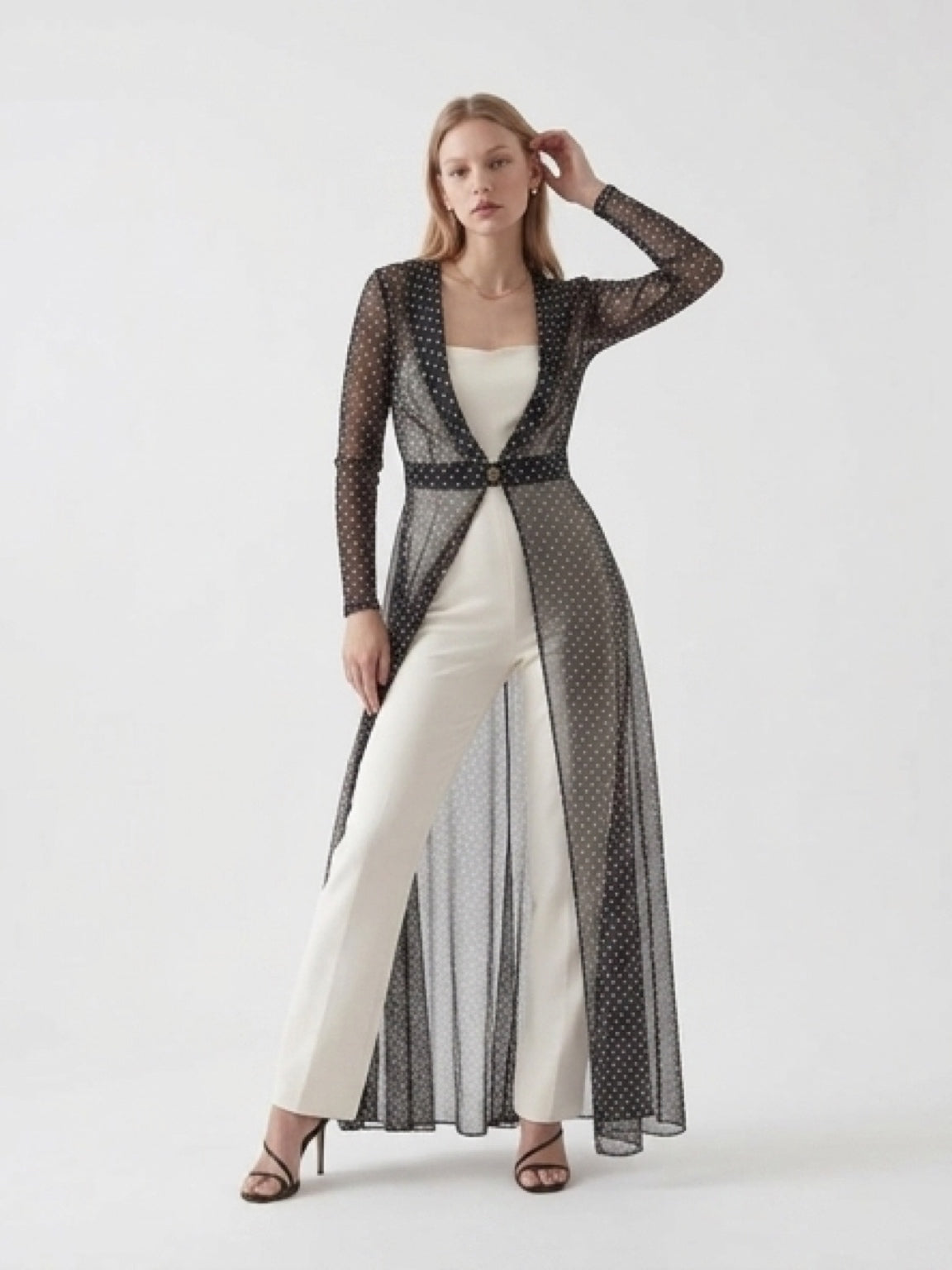 White Jumpsuit with Sheer Polka Dot Long Shirt – 2 Piece Set